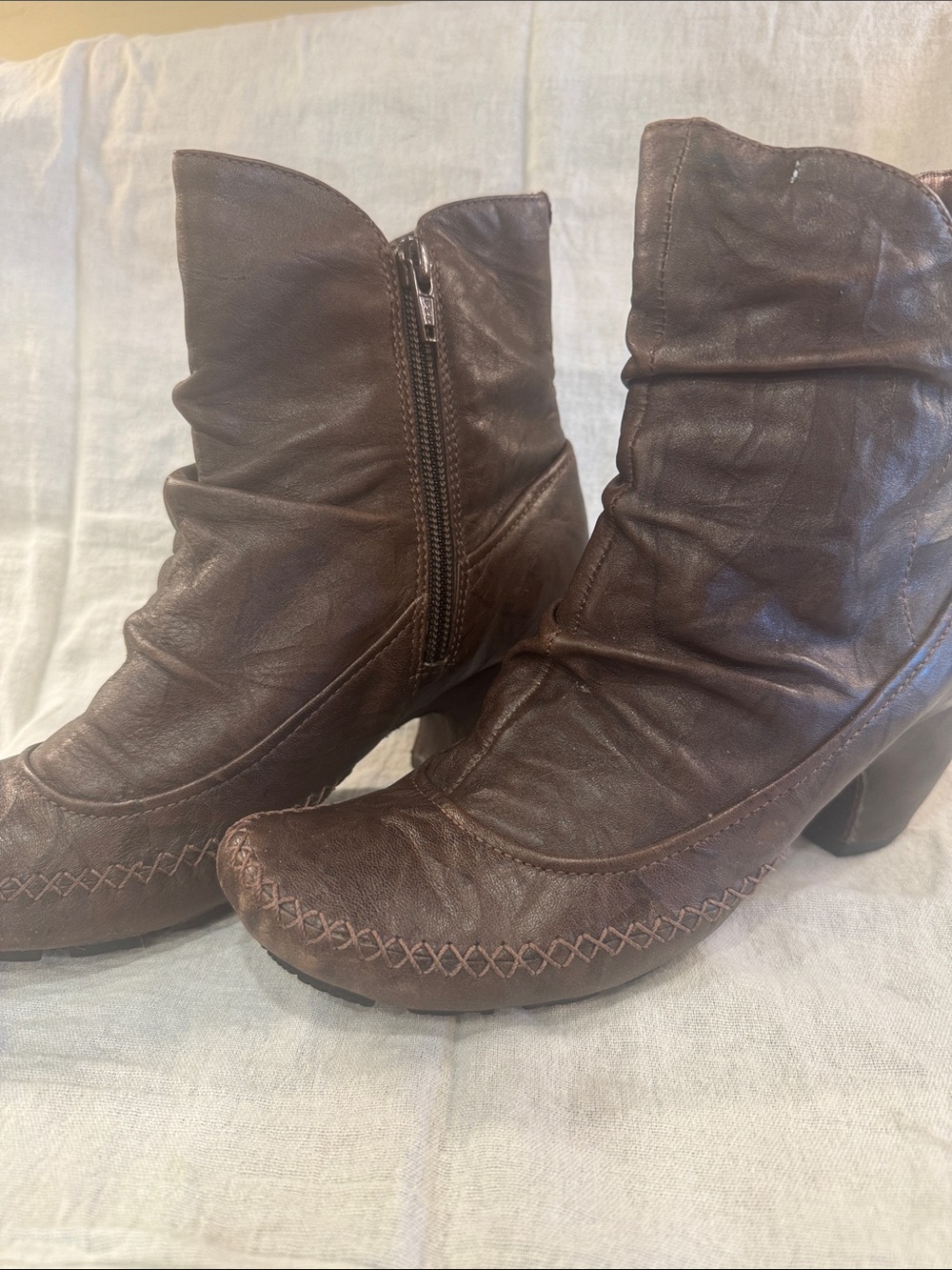 Indigo Brown leather Slouchy Ankle Booties with Side Zip